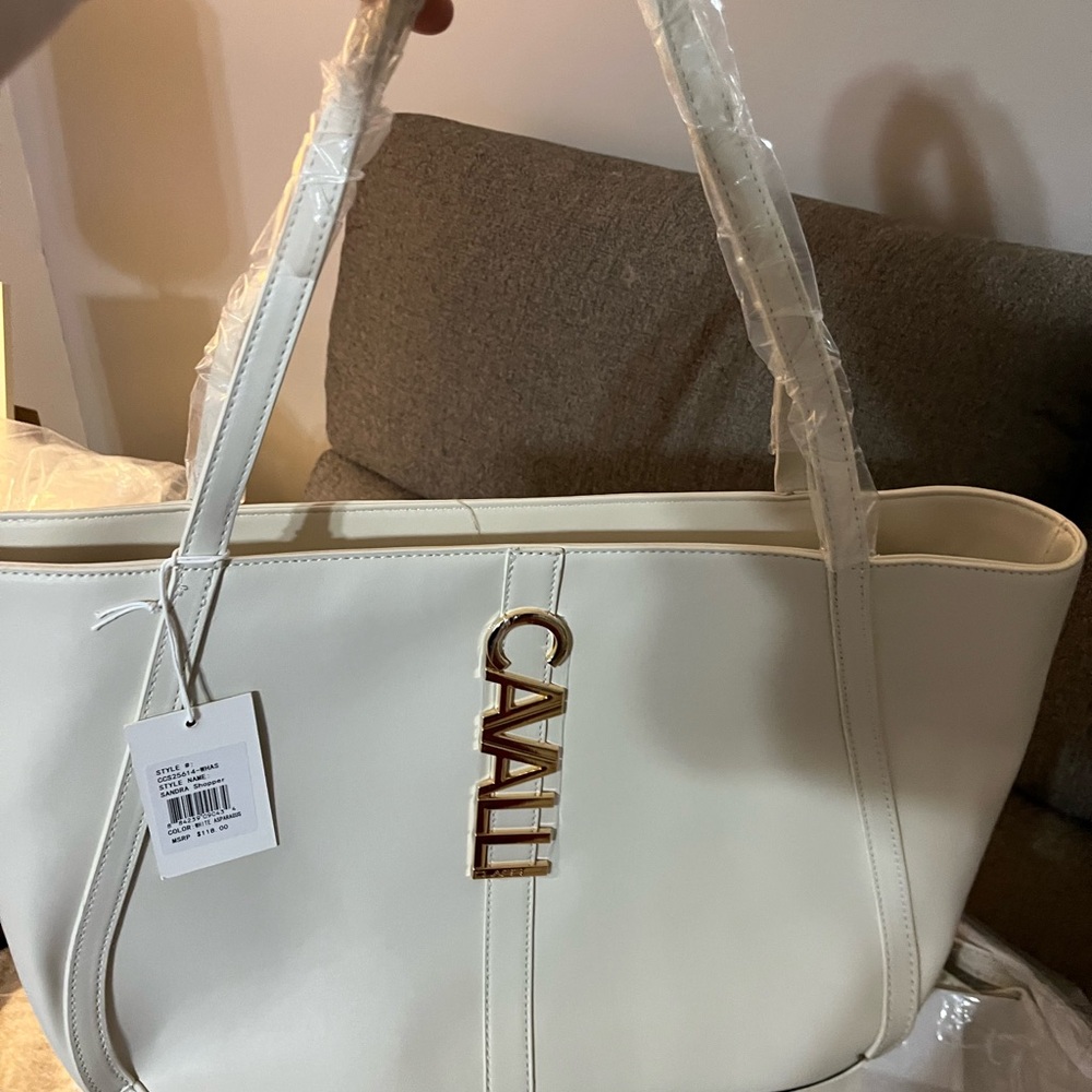 NWT Cavalli Class Large Sandra Shopper Tote Bag Satchel White Asparagus